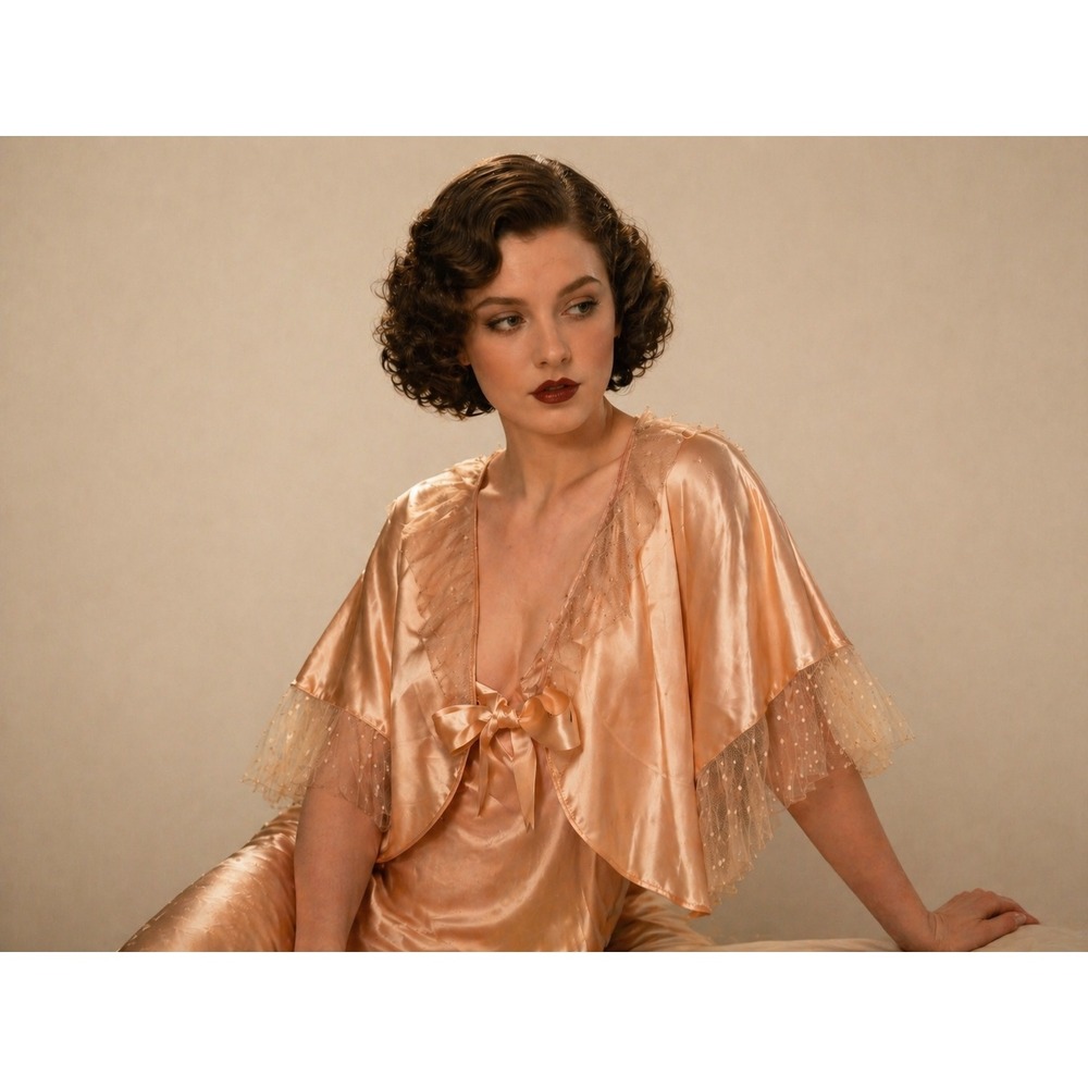 Vintage 1930s Bed Jacket Pale Peach Silk Satin Lace Trim Ribbon Tie Art Deco